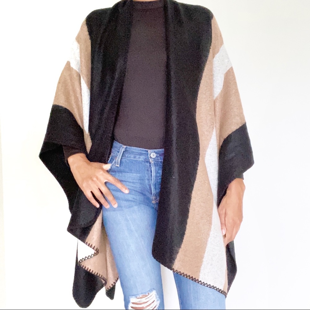 SALE  - Black Tan and Ivory Stripe Poncho Cape